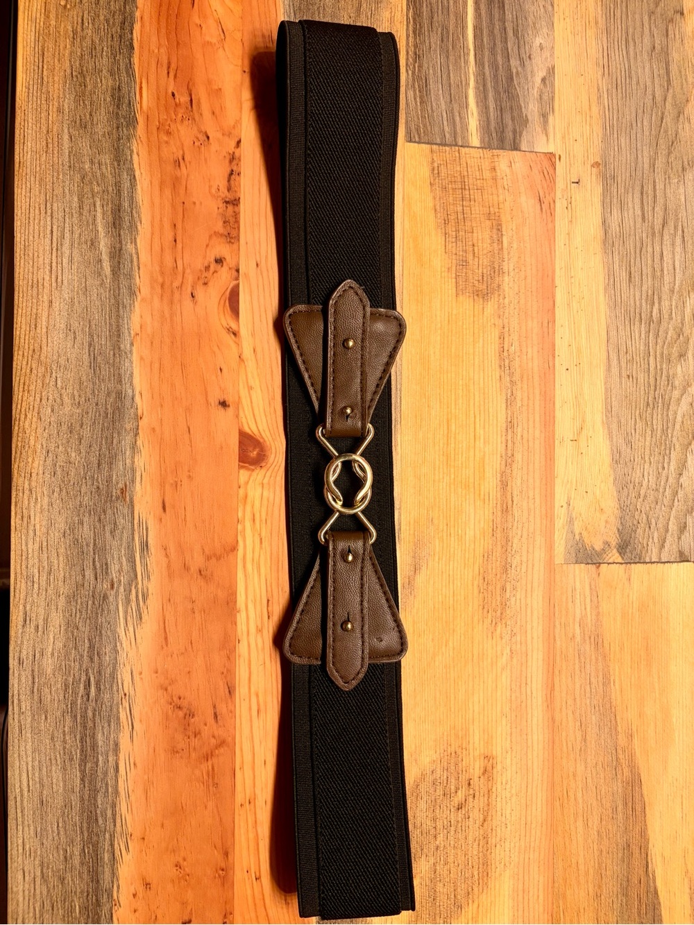 Elastic Black and Brown Women’s Waist Belt with Gold Metal Accent